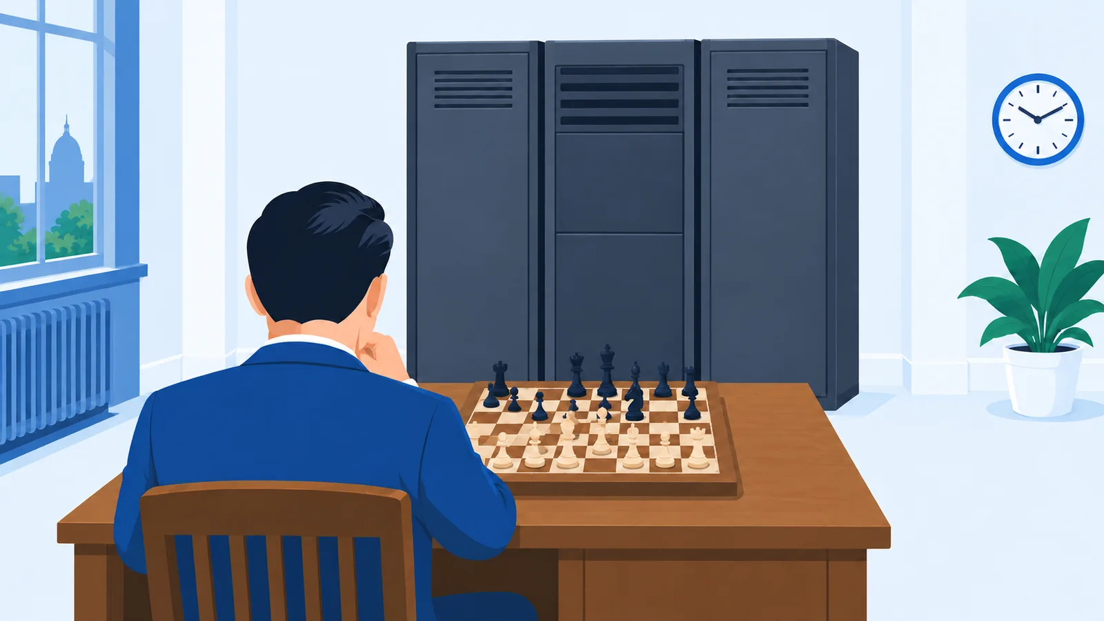 Een schaakpartij in 1997, met een speler van achteren en een grote computerkast aan de overkant