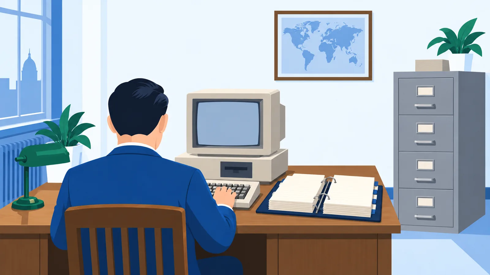 Een kantoor uit de jaren tachtig met een computer en een map vol regels